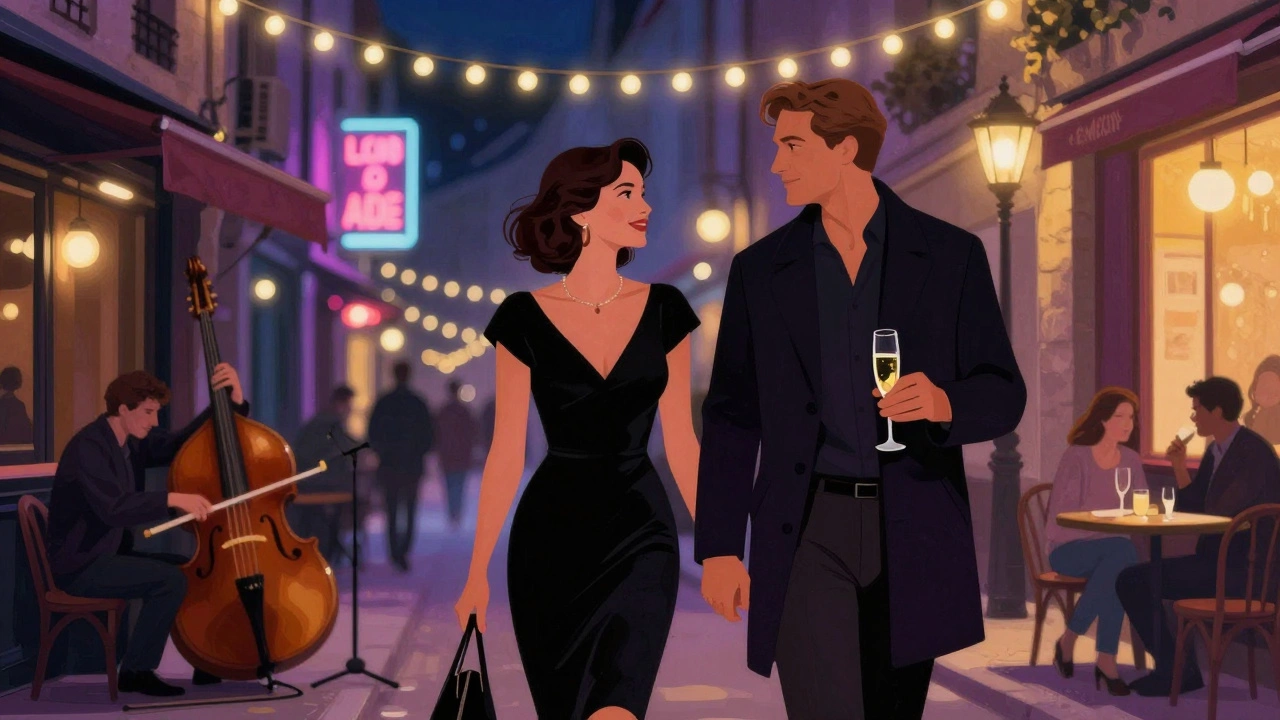 A couple walking through Le Marais at night, surrounded by jazz music and glowing string lights.