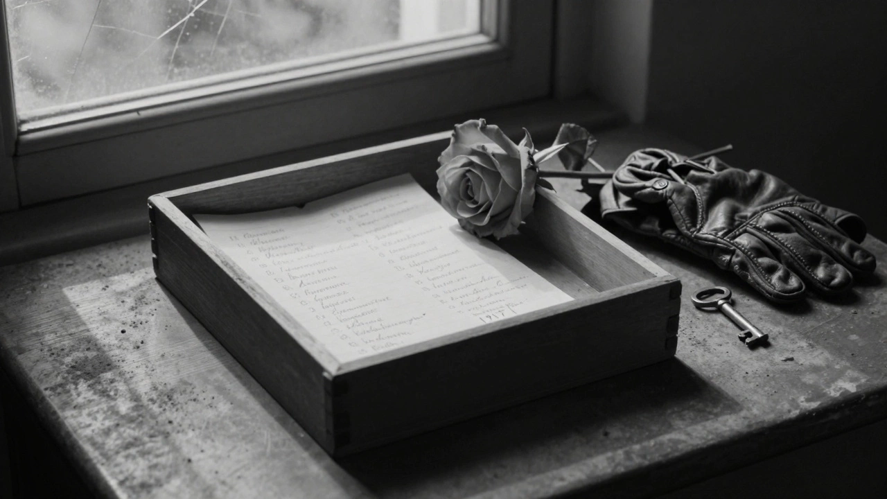 An empty wooden box with 87 names inside rests on a desk, a wilting rose beside it, symbolizing lost lives and quiet legacy.