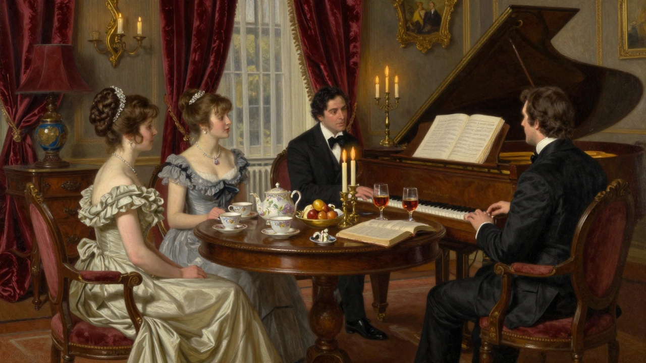 Elegant women and gentlemen converse in a refined parlor with piano music, tea, and books, embodying sophistication and discretion.