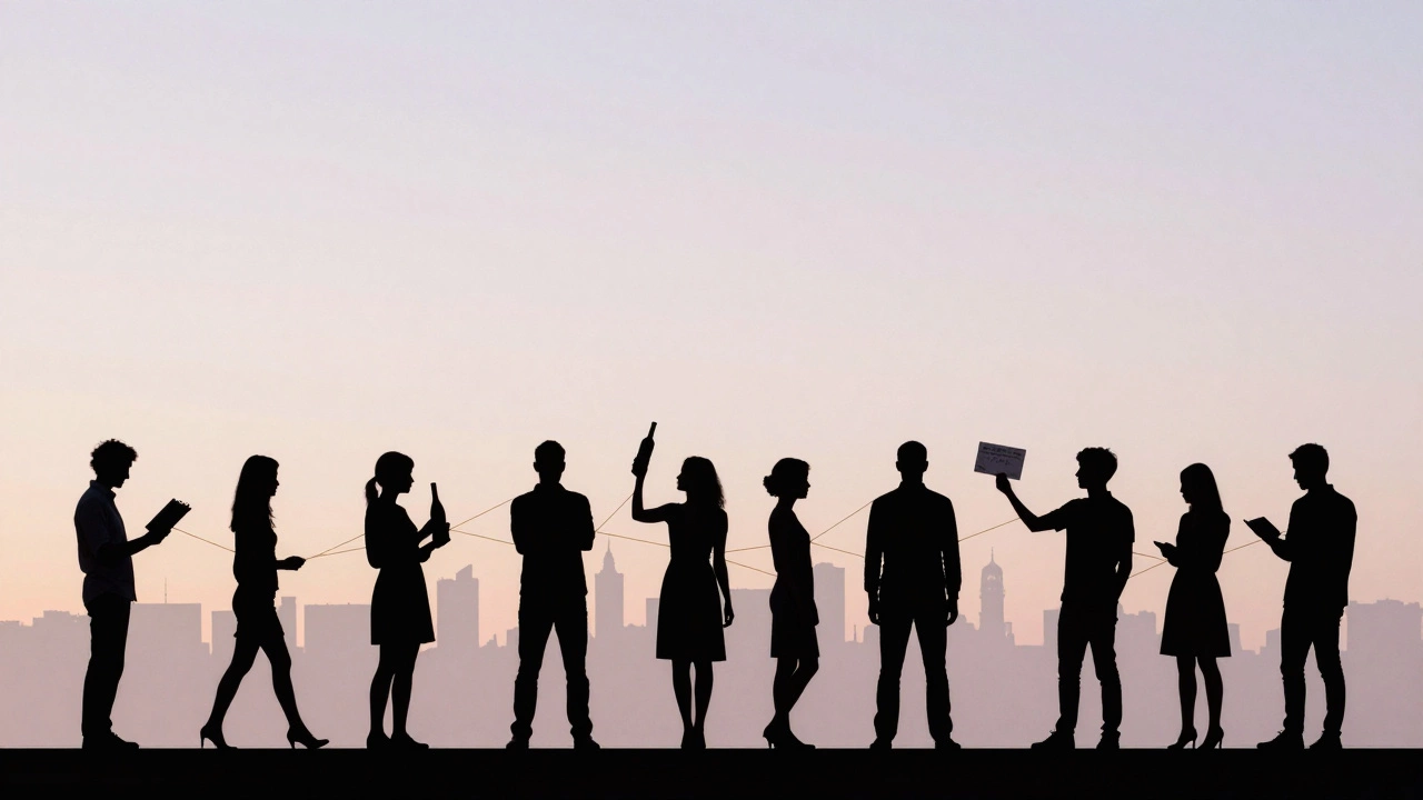 Silhouettes of diverse individuals connected by golden threads against a Parisian dawn skyline.
